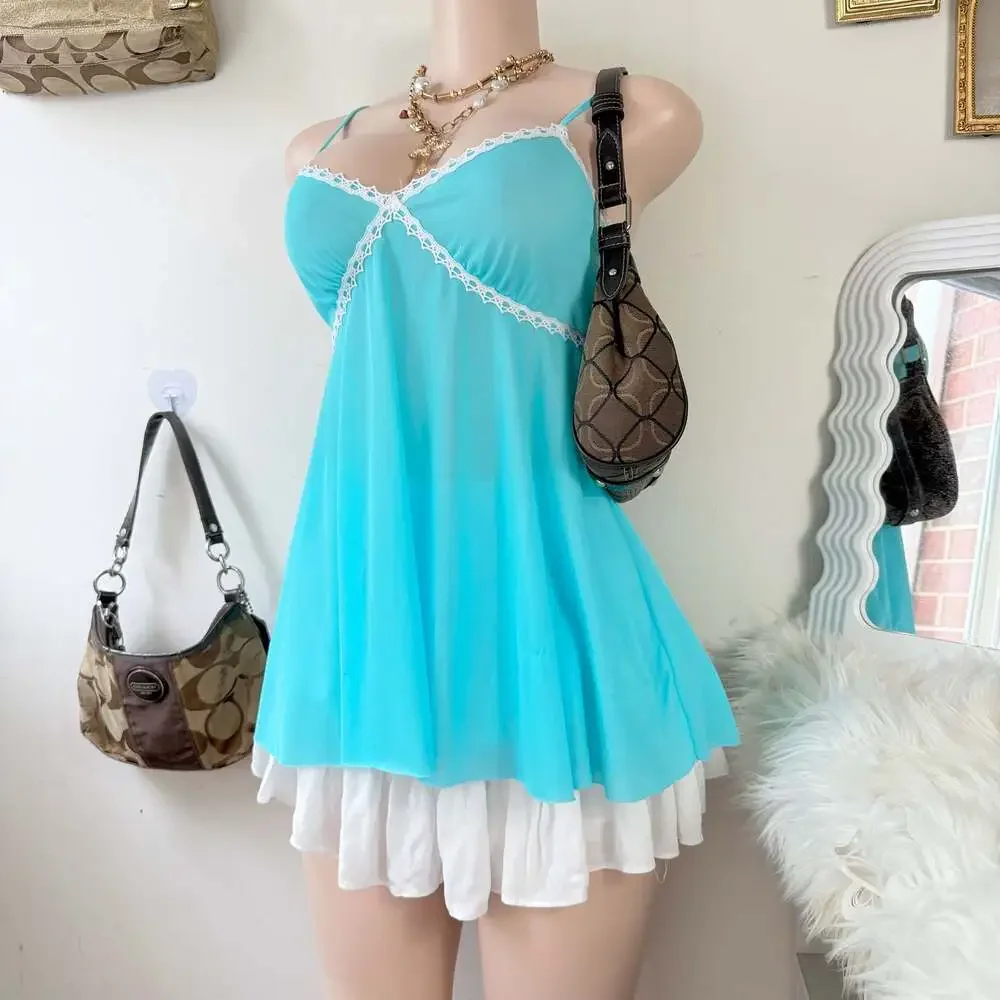 Vintage Sheer Lace-Trimmed Babydoll Cami Top